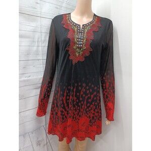 AZI Womens Tunic Shirt Blouse Top Black Red Studded Long Sleeve  L